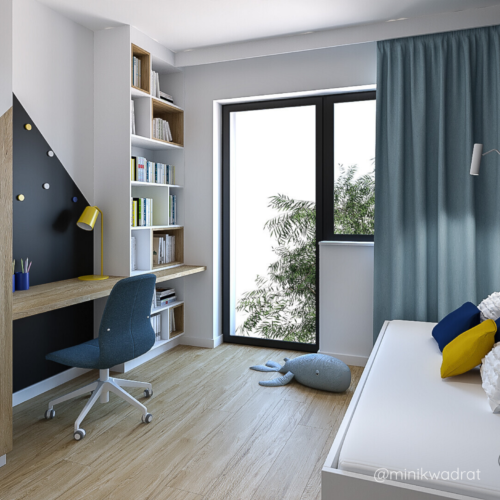 Projekt-pokoju-chlopca – funkcjonalna-aranzacja-wnetrza-3 Projekt-pokoju-dziecka – funkcjonalna-aranzacja-wnetrza-dla-chlopca-z-przestrzenia-do-nauki-i-zabawy. Pokój-zaprojektowany-w-neutralnej-kolorystyce-z-drewnianymi-meblami-i-akcentami-w-kolorze-granatowym-i-zoltym.