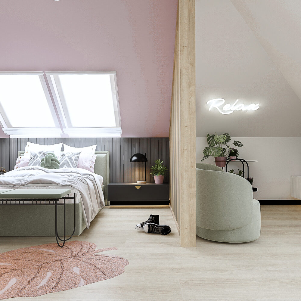 Nowoczesny pokój dla dziewczynki na poddaszu z pastelowymi kolorami, funkcjonalną garderobą, miejscem do nauki i strefą relaksu.