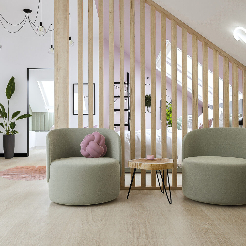 Nowoczesny pokój dla dziewczynki na poddaszu z pastelowymi kolorami, funkcjonalną garderobą, miejscem do nauki i strefą relaksu.