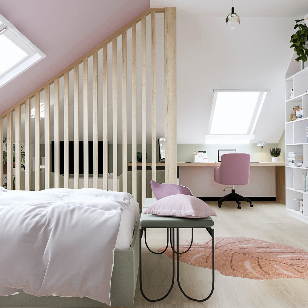 Nowoczesny pokój dla dziewczynki na poddaszu z pastelowymi kolorami, funkcjonalną garderobą, miejscem do nauki i strefą relaksu.