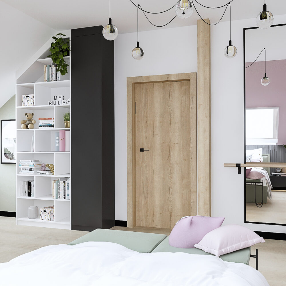 Nowoczesny pokój dla dziewczynki na poddaszu z pastelowymi kolorami, funkcjonalną garderobą, miejscem do nauki i strefą relaksu.