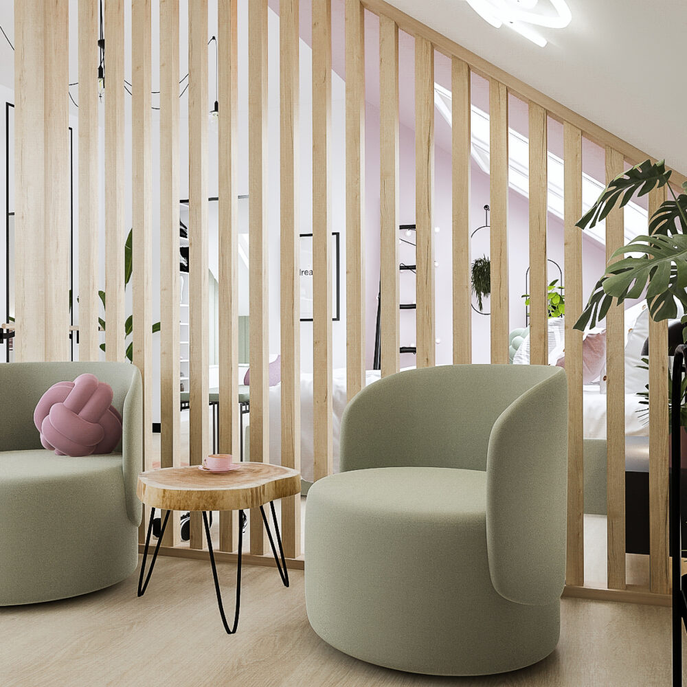 Nowoczesny pokój dla dziewczynki na poddaszu z pastelowymi kolorami, funkcjonalną garderobą, miejscem do nauki i strefą relaksu.