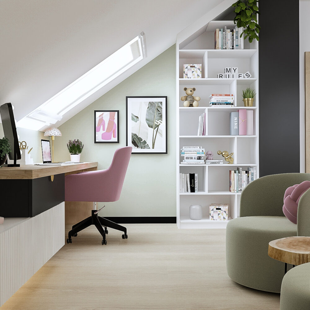 Nowoczesny pokój dla dziewczynki na poddaszu z pastelowymi kolorami, funkcjonalną garderobą, miejscem do nauki i strefą relaksu.