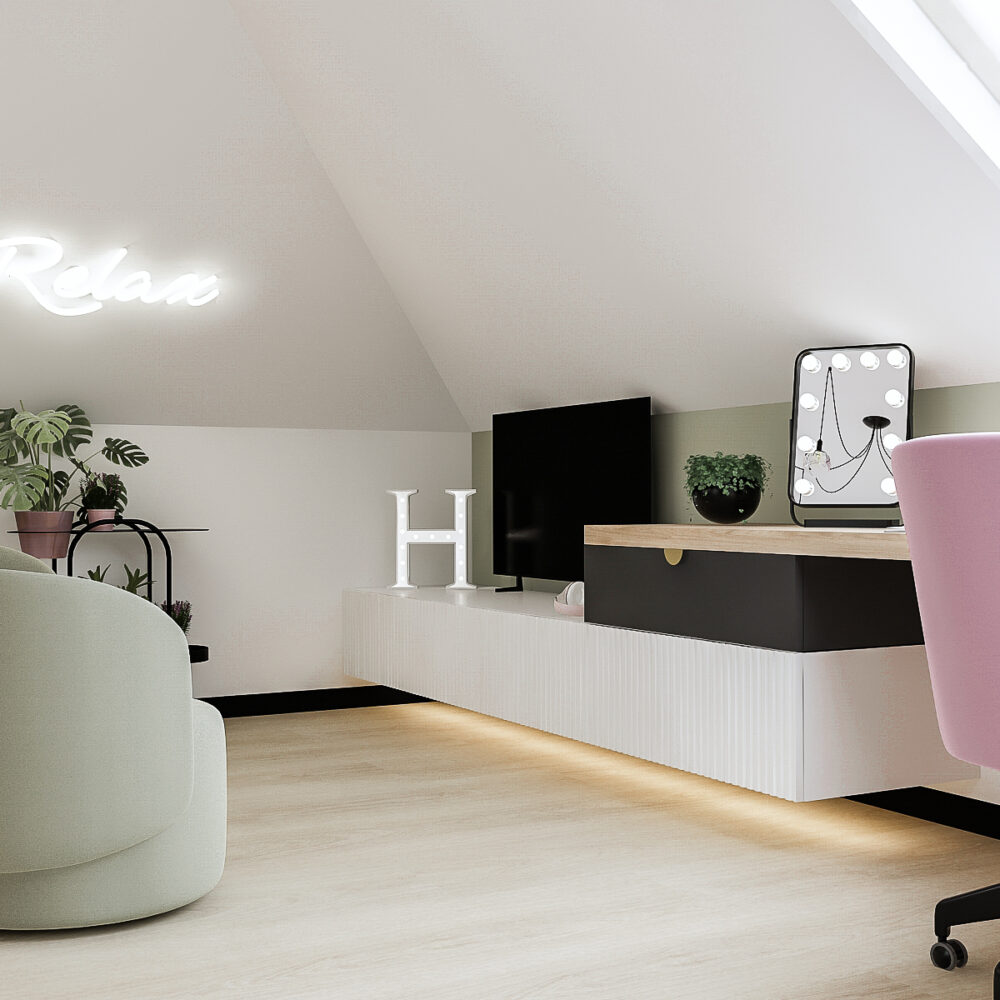 Nowoczesny pokój dla dziewczynki na poddaszu z pastelowymi kolorami, funkcjonalną garderobą, miejscem do nauki i strefą relaksu.